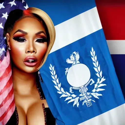 Image similar to Wide image, flags of Argentina behind, Nicki Minaj detailed face