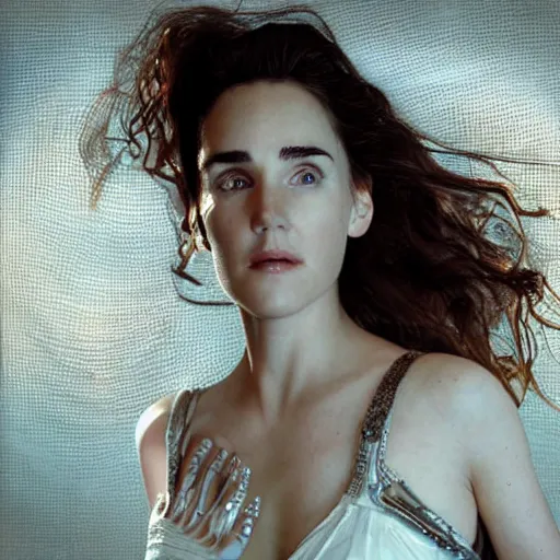 Image similar to beautiful centered Fine art photo portrait of enraptured young Jennifer Connelly as a solarpunk robotic humanoid, white mechanical parts with led lights, photorealistic, white background, highly detailed and intricate, sunset lighting, HDR 8k