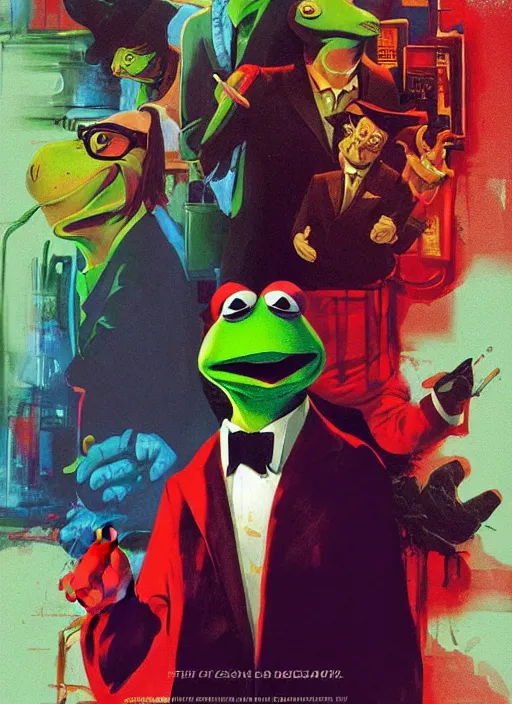 Prompt: poster artwork by Michael Whelan and Tomer Hanuka, Karol Bak of portrait of Kermit the Frog, from scene from Reservoir Dogs, clean