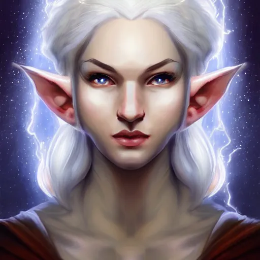 Prompt: Beautiful white haired aged fair skinned scholar elf with spell scroll and lightning background, symmetrical, realism, digital painting, detailed artwork, portrait, mythical, artstation