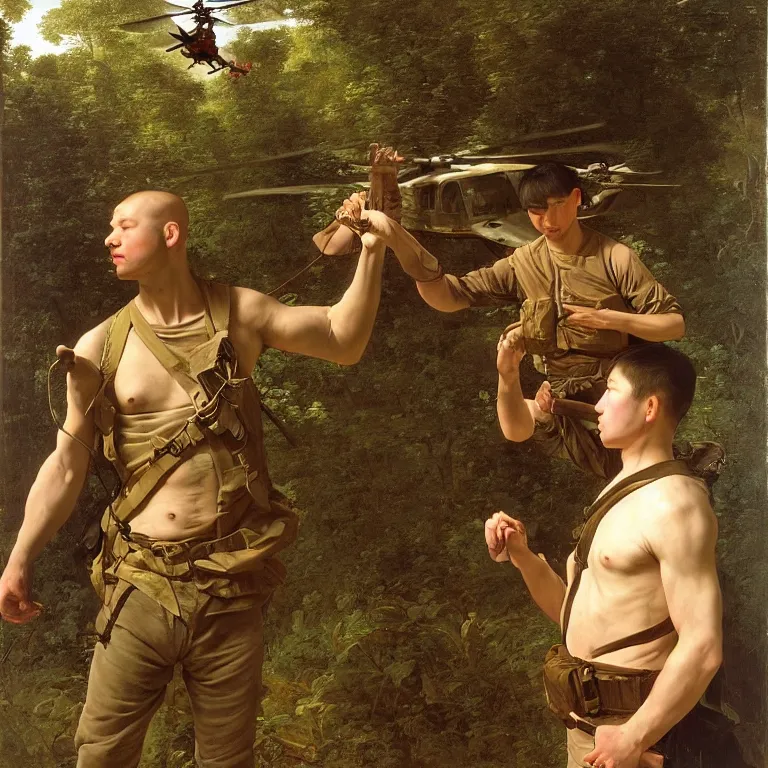 Prompt: portrait of a us soldier, vietnam war, majestic, posing into flying helicopter, above jungle, fine art portrait painting, strong light, clair obscur, by caravaggio, by diego velazquez, by jean honore fragonard, by peter paul rubbens, by bouguereau