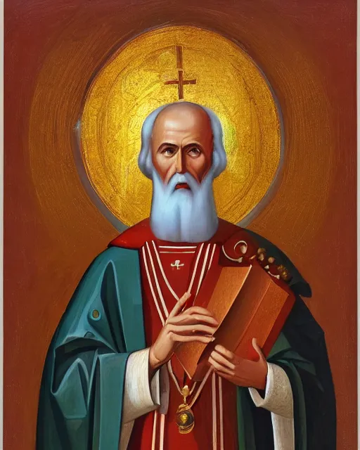 Prompt: portrait of full - length icon of saint nicholas by jaroslav cermak, showing him with a halo, dressed in clerical garb, and holding a book of the scriptures in his left hand while making the hand gesture for the sign of the cross with his right, by peter andrew jones, hd, hyper detailed, 4 k