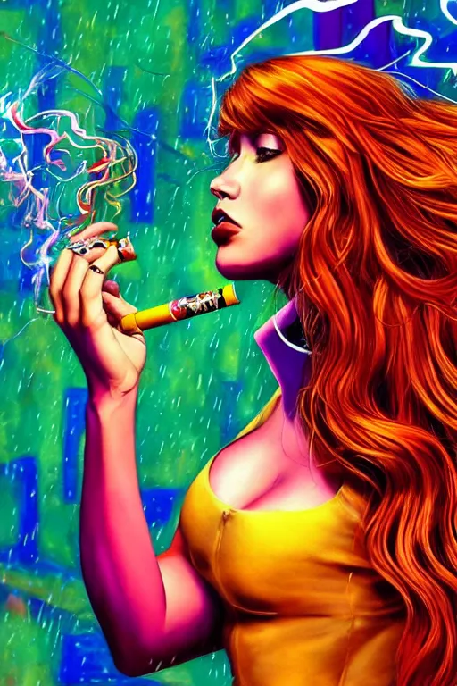 Image similar to a psychedelic detailed gorgeous acid trip painting of an extremely attractive superhero female character wearing a tight-fitting tan detective jacket, detective had on her head, beautiful [[[long red hair]]] in loose curls, slender woman, very curvy, noir, smoking a fancy long french cigarette, in the rain in the early evening, cinematic, dramatic lighting, full body view, cool pose, artwork by Artgerm and colors by Kenneth Rocafort, featured on artstation, cgsociety, behance hd