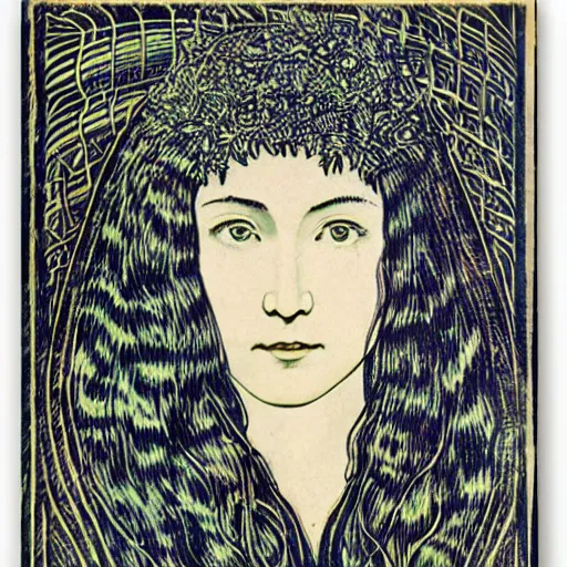 Image similar to portrait of a beautiful young lady with silver eyes, colored woodcut, poster art, by Mackintosh, art noveau, by Ernst Haeckel