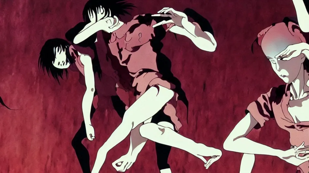 Image similar to french voguing dance horror movie, anime film still from the an anime directed by katsuhiro otomo with art direction by salvador dali, wide lens