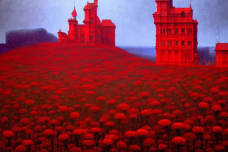 Image similar to only with red, red flowers of different types, red castle in background, red medieval goblins, in the style of beksinski, parts by edward hopper, parts by rodcenko, parts by yue minjun, intricate and epic composition, red by caravaggio, insanely quality, highly detailed, masterpiece, red light, artstation, 4 k