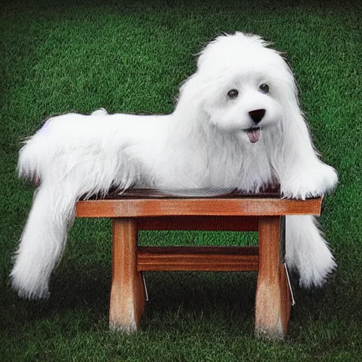 Image similar to “ a white bipedal dog playing the guitar, sitting at bench, photoreal, photo, realistic ”