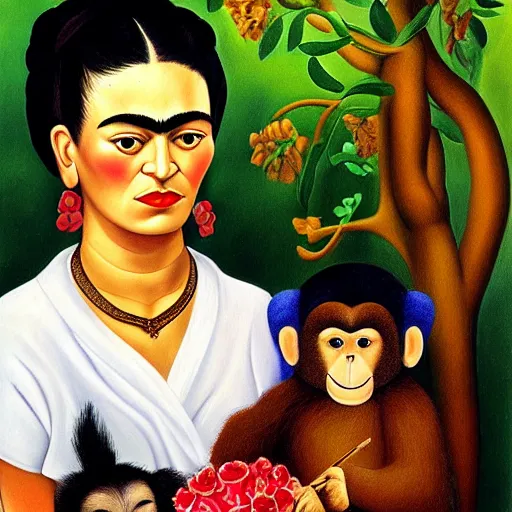 Prompt: a young frida kahlo with her monkey and flowers by fernando botero