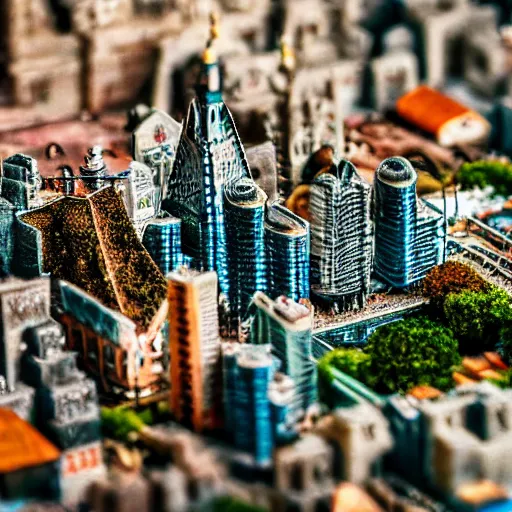 Prompt: macro photo of a miniature secret hidden world with tiny buildings and people