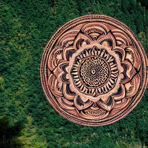 Prompt: mandala carved into the side of a mountainside