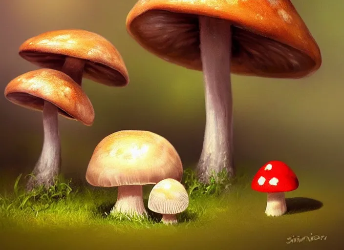 Image similar to a cute creature sitting next to a mushroom, realistic, very detailed, complex, intricate, studio lighting, superres sharpening, bokeh, sigma 5 0 mm f 1. 4, impressionist painting, digital painting, artstation, simon stalenha