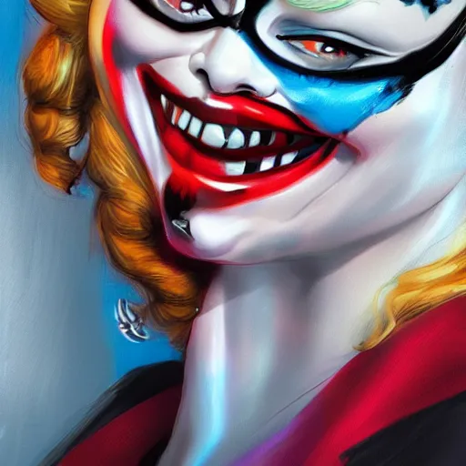 Prompt: Margot Robbie as Harley Quinn, kissing the joker, highly detailed, digital painting, artstation, concept art, smooth, sharp focus, illustration, art by jeff koons C 10.0