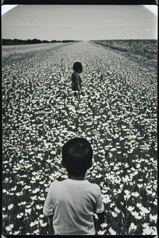 Image similar to photo polaroid of sad and lonely child in the middle of a country road with many flowers in the fields, loneliness, black and white ,photorealistic, 35mm film,