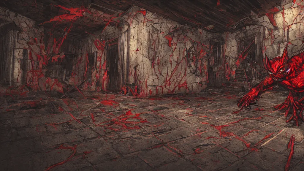 Prompt: the red goblin get killed by a sigil scribbled on the ground, inside a haunted destroyed house and. and inverted cross drawn on the wall, trending on artstation, wide view, cinematic view, cinematic, 8 k, digital photo, unreal engine, colored paint, colorful paint, scary style