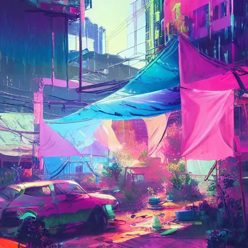 Image similar to acrylic painting, strong emotional impact, bold pastel colors, expressive brushstrokes, overall sense of movement in the composition. hippie bohemian encampment with tie - dye tents and a garden. cyberpunk art by liam wong, cgsociety, panfuturism, nature utopia, anime aesthetic