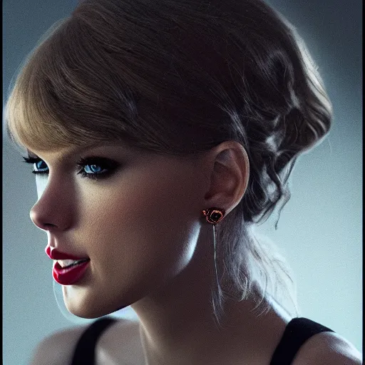 Prompt: a front - faced clear close - up studio portrait of taylor swift looking at 1 1 o'clock direction, dramatic cinematic lighting, trending on artstation, fine details, 8 k, highly detailed, beautifully composed