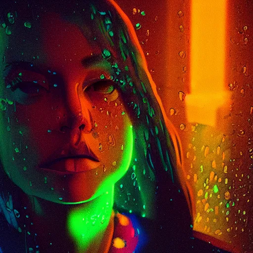 Prompt: a human portrait made out of rain, neon light, beautiful, rendered in octane, unreal engine, comic book art