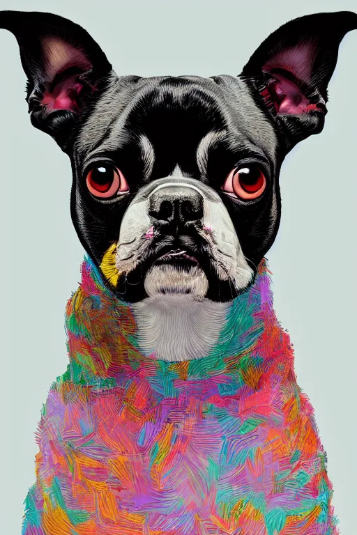 Prompt: Adorably cute Boston Terrier horizontal portrait, artstation winner by Victo Ngai, Kilian Eng and by Jake Parker, vibrant colors, winning-award masterpiece, fantastically gaudy, aesthetic octane render, 8K HD Resolution