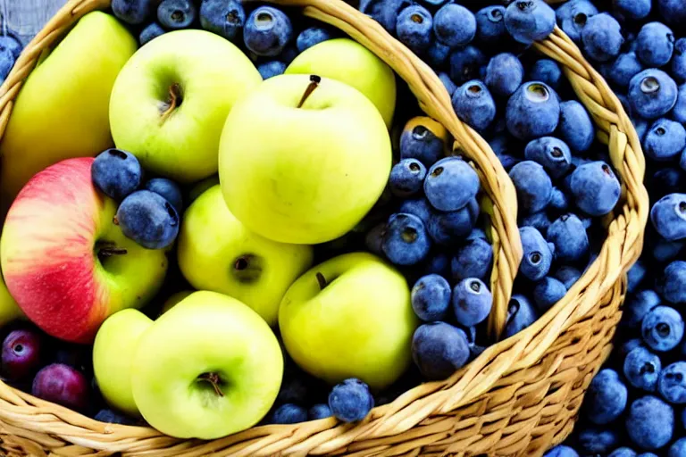 Image similar to a basket of apples, a basket of bananas, a basket of blueberries