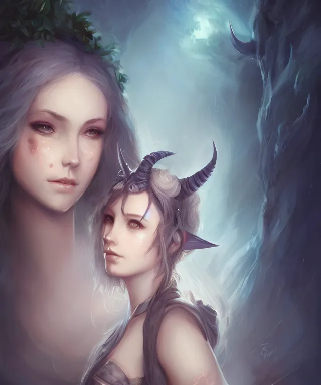 Prompt: cute friendly tiefling by charlie bowater and titian and artgerm, full - body portrait, intricate, face, forest, elegant, blue mist, beautiful, horns, freckles, highly detailed, dramatic lighting, sharp focus, trending on artstation, artstationhd, artstationhq, unreal engine, 4 k, 8 k