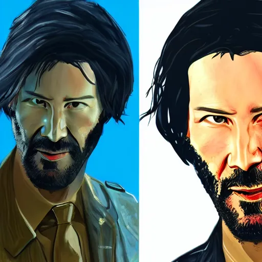 Image similar to keanu reevez in the art style of disco elysium