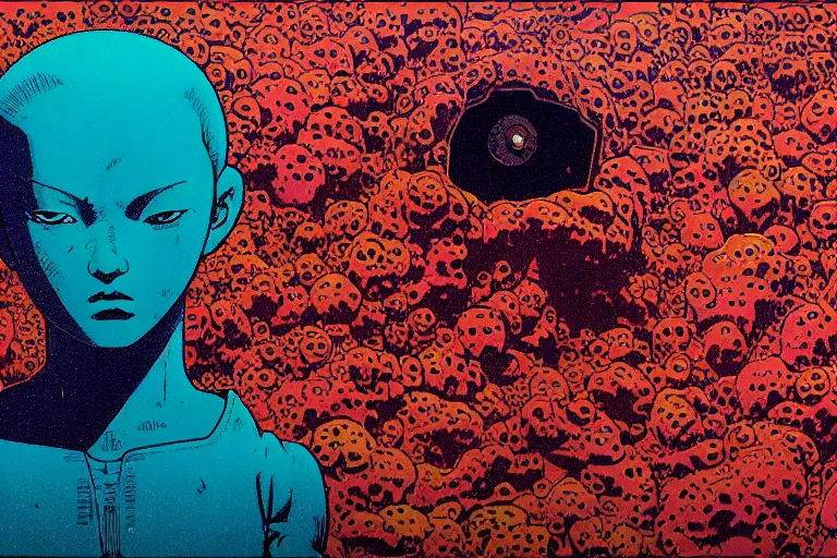 Image similar to risograph grainy drawing vintage sci - fi, satoshi kon color palette, gigantic gundam full - body covered in dead coral reef, 1 9 8 0, kodachrome, natural colors, comicbook spreadsheet, codex seraphinianus painting by moebius and satoshi kon and dirk dzimirsky close - up portrait