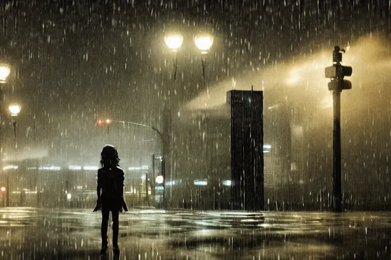 Prompt: vfx marvel sci-fi woman black super hero robot photo real, city street night lighting, rain and fog by Emmanuel Lubezki