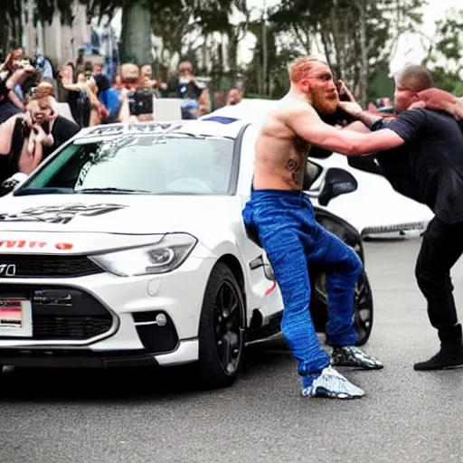 Image similar to a car wrestling conor mcgregor