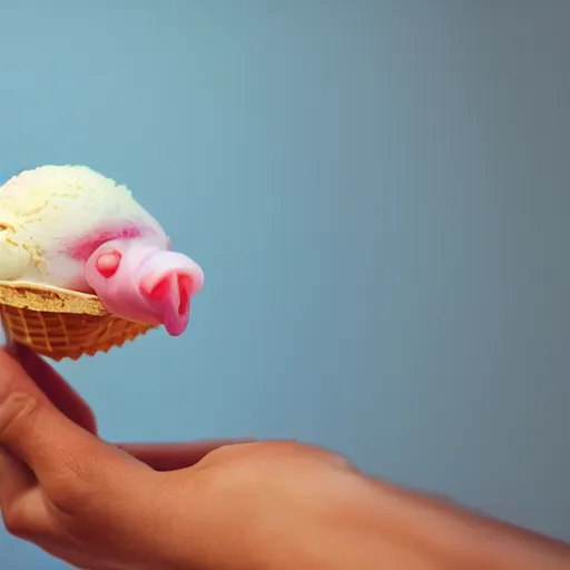 Image similar to A photo of an ice cream cone with a blobfish in it. Blobfish ice cream. Realistic, ultra high detail, 8k.