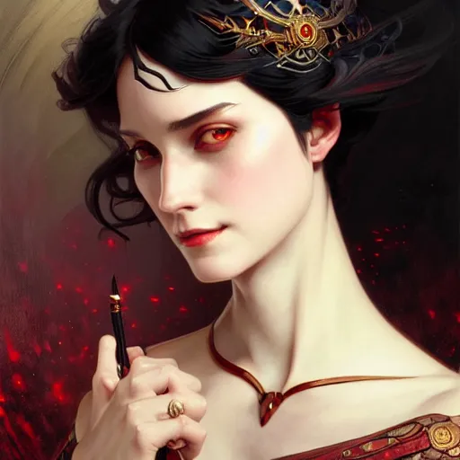 Image similar to Portrait of jovial female wizard, D&D, red eyes, face, short black hair, fantasy, intricate, elegant, highly detailed, digital painting, artstation, concept art, smooth, sharp focus, illustration, art by artgerm and greg rutkowski and alphonse mucha