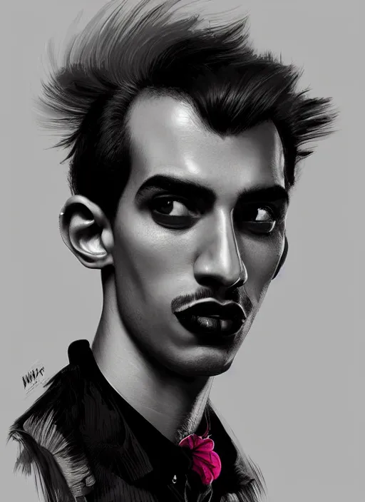 Prompt: portrait of a brazilian man with a crooked nose and a confident expression, 1 9 6 0 s, black clothes, goth, punk, brightly coloured hair, funk, intricate, elegant, highly detailed, digital painting, artstation, concept art, smooth, sharp focus, illustration, art by wlop, mars ravelo and greg rutkowski