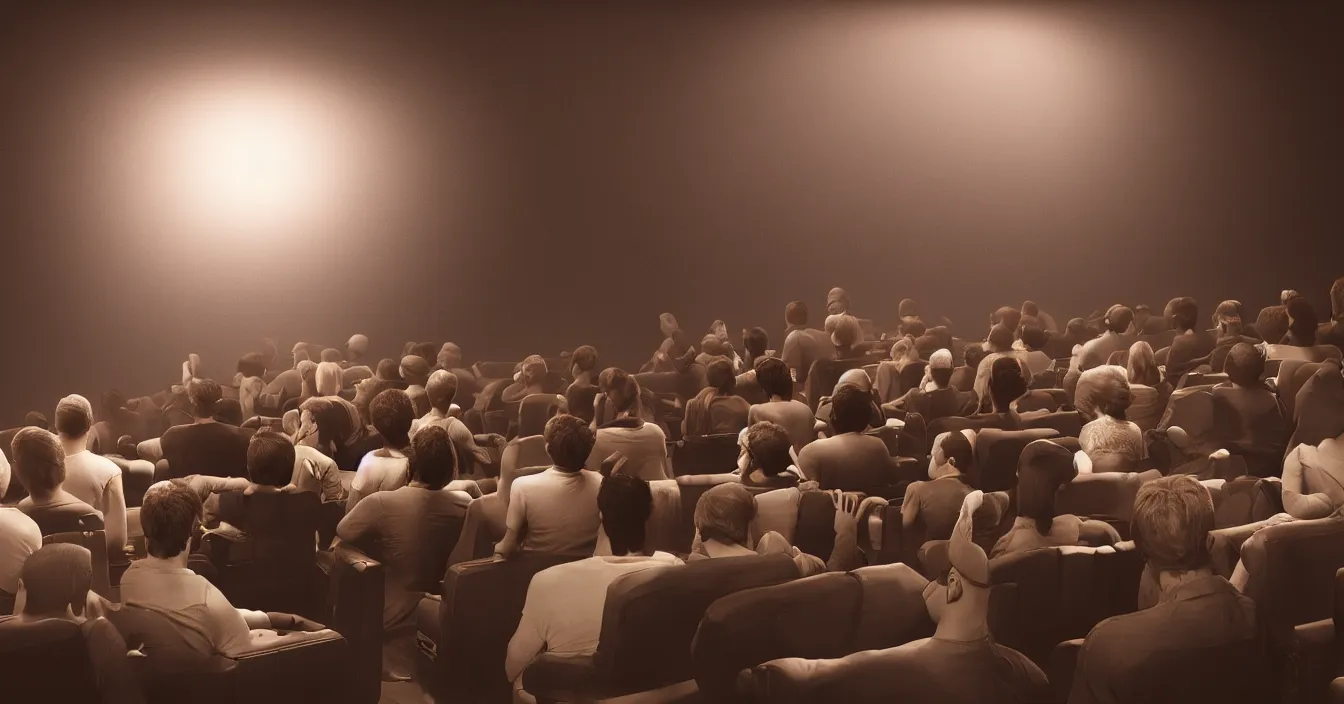 Image similar to rear view of the seated souls in the cinema watching volumetric light of consciousness projecting illusions of their lives on the big screen, trapped ego, realistic, deep sense of spirituality, visual plasticity, unreal engine quality, raytracing, vray shading, style of eddie mendoza