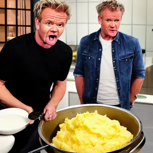 Prompt: < photo hd trending > gordon ramsey yells at an incredibly oversized plate of mashed potatos < photo >