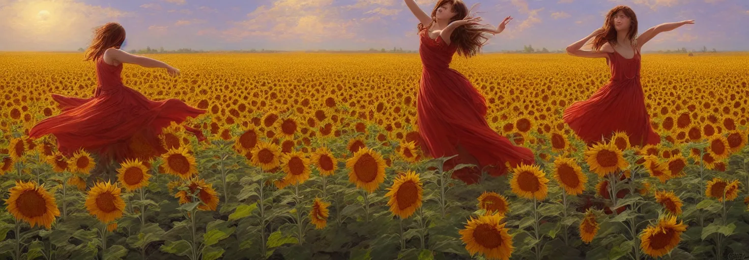 Image similar to beautiful young girl dancing in a fiery dress in a beautiful field of sunflowers and lilies, high detail, very realistic, by greg rutkowski, by james gurney ultra clear detailed, digital painting by ( ( makoto shinkai ) ), moebius moebius, surrealism, trending on artstation