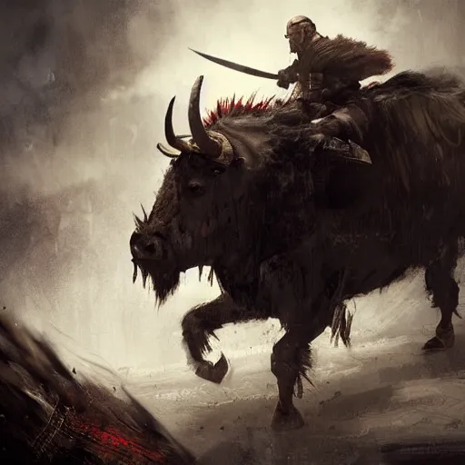 Image similar to Walter white as a dark fantasy warrior riding an armored yak, made by Greg Rutkowski