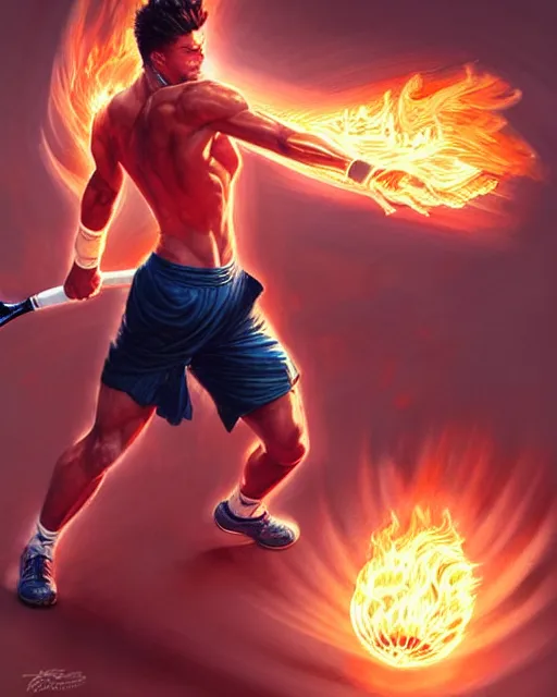 Prompt: Muscular male tennis player hitting a powerful ball of fire, art deco, fantasy, intricate fire designs, elegant, highly detailed, sharp focus, art by Artgerm and Greg Rutkowski and WLOP