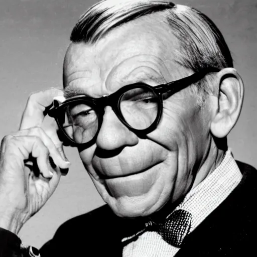 Prompt: happy studio publicity photo of george burns wearing extremely complicated eyeglasses with dozens of interlocking lenses
