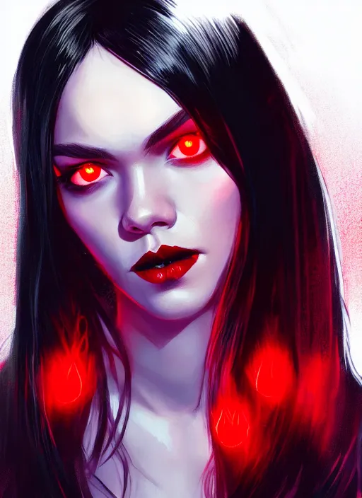 Image similar to portrait of vampire veronica lodge with bangs, vampire fangs, vampire, long hair, red clothes, bangs, vampironica, intricate, elegant, glowing lights, highly detailed, digital painting, artstation, concept art, smooth, sharp focus, illustration, art by wlop, mars ravelo and greg rutkowski