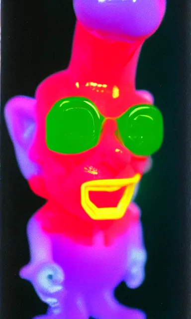 Image similar to colorful crystal gary busey creature, 9 0 s toy commercial, photo from the 7 0 s, horror lighting, neon lighting, polaroid photo,