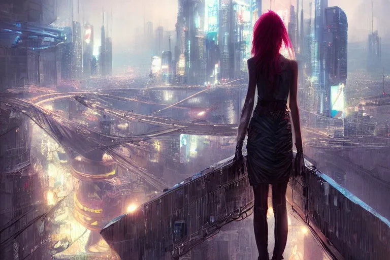 Image similar to a beautiful picture of a girl standing on top of a bridge over a city, cyberpunk art by vincent lefevre,