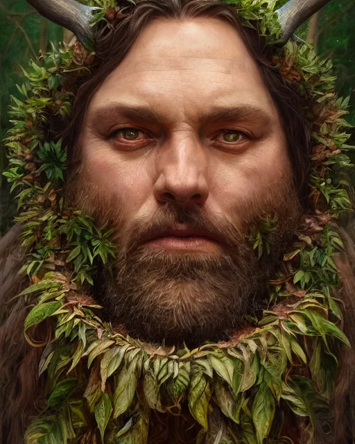 Image similar to forest druid with ram horns and leaves in his beard | highly detailed | very intricate | symmetrical | cinematic lighting | award - winning | closeup portrait | painted by donato giancola and mandy jurgens and charlie bowater | featured on artstation