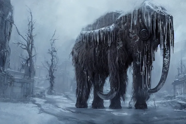 Image similar to a giant steampunk mammoth, post - apocalyptic ice landscape in snowstorm, concept art by hr giger, hyper detailed, unreal engine