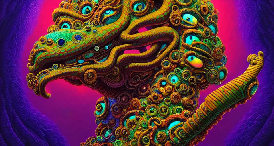 Prompt: portrait of a giant cartoon alien lion as a psychedelic neural tiki reptile stone god, chilling on the sofa, by naoto hattori, android jones, and chris dyer, deep bold colors, galactic dmt entity, depth of field, intricate beautiful painting, billions of details, octane render, portal, 8 k, detailed vector, trending on artstation, cgisociety