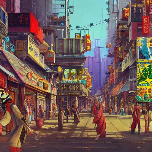 Image similar to art deco streets of the Undying Empire city of ya-Sattra during the Festival of Masks, award-winning realistic painting of cyberpunk Byzantine Hong Kong by Beszinski, Bruegel, and Yoshitaka Amano