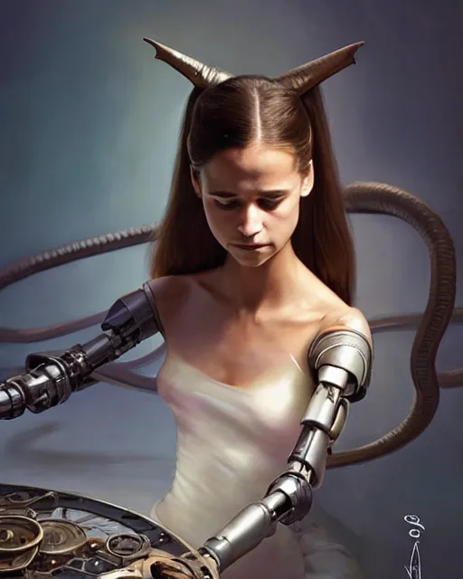 Image similar to weta disney pixar movie still head and torso portrait photo of young alicia vikander lying on her back on a mechanical table with a white ponytail as thoughtful intricate detailed mechanical plastic cyborg girl by pixar, by weta, wlop, ilya kuvshinov, rossdraws, artgerm, latex, iridescent, bright morning, anime, liosh, mucha