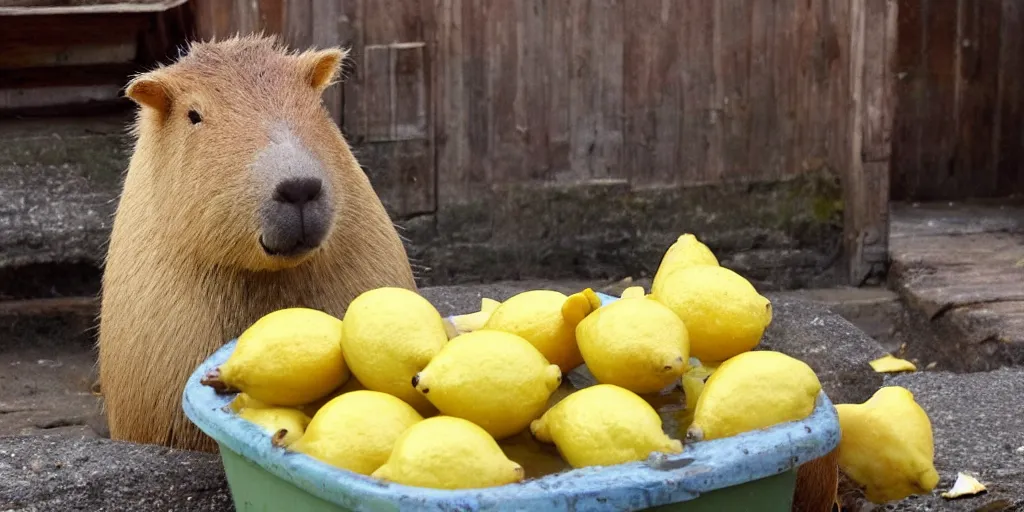 Image similar to capybara eating lemons, sitting in a tub of lemons, happy capybara