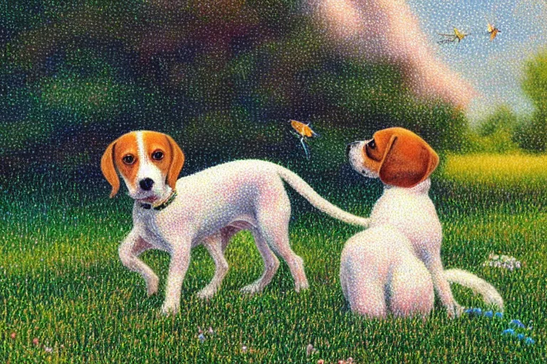 Image similar to pointillism painting of a white and caramel beagle dog playing with dragonfly in a backyard, harsh lighting, detailed, trending on artstation, dull pastel colors, bright, god rays, dreamy, trending on artstation