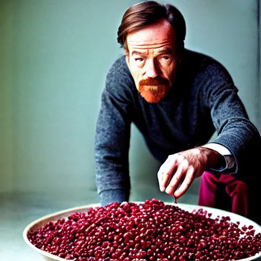 Image similar to bryan cranston's body is a bowl of cranberries, head submerged in cranberries, natural light, sharp, detailed face, magazine, press, photo, steve mccurry, david lazar, canon, nikon, focus