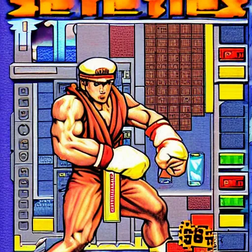 Prompt: video game box art of a commodore 6 4 game called street fighter tetris.