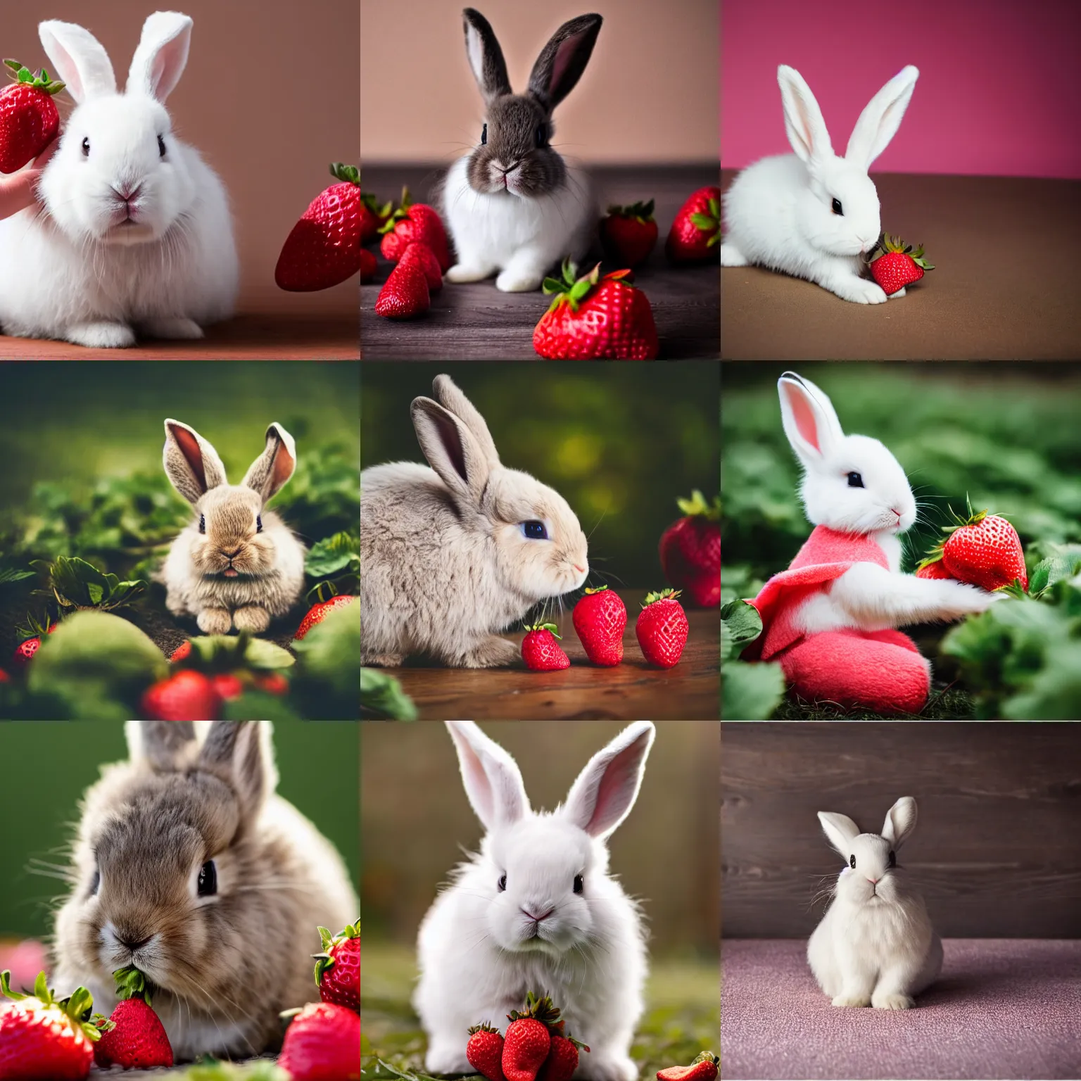 Prompt: cute, cuddly, fluffy little bunny looking at a strawberry. soft warm lighting. professional photography.
